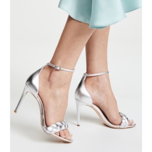 Rachel Zoe Ashton Silver Leather Stiletto Heel Pumps Ankle Strap open toe Sandal - Picture 3 of 16